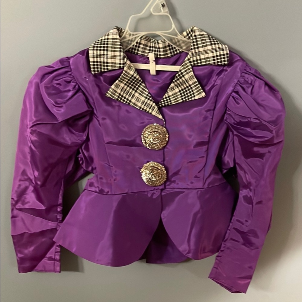 Purple Satin Blazer with Plaid Collar